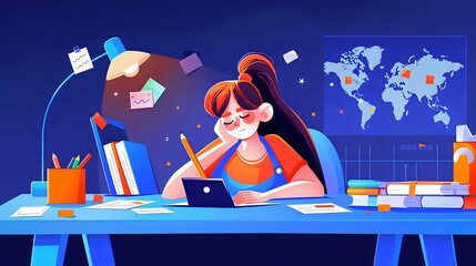 Enthusiastic language learner surrounded by world map and flags