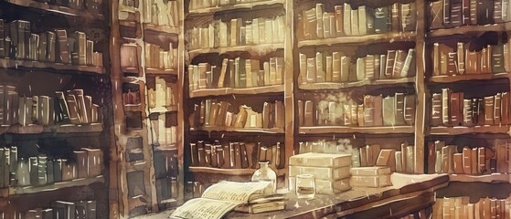 An antiquestyle watercolor illustration of a medieval scholar in a library surrounded by ancient books, with a blank banner for adding quotes