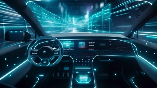 Modern smart car technology intelligent system using Heads up display (HUD) Autonomous self driving mode vehicle on city road with graphic sensor radar signal system intelligent car 