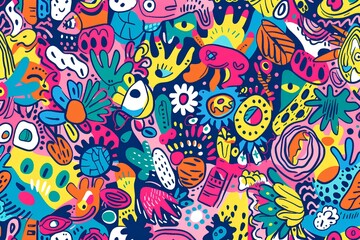 Bold and vibrant, this seamless pattern features a riot of colorful doodles arranged in a mesmerizing display, sure to inspire creativity in all who behold it.