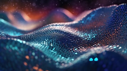 Three-dimensional waves made of geometric grid. The structure shimmers in blue and purple, creating a stunning and futuristic visual effect