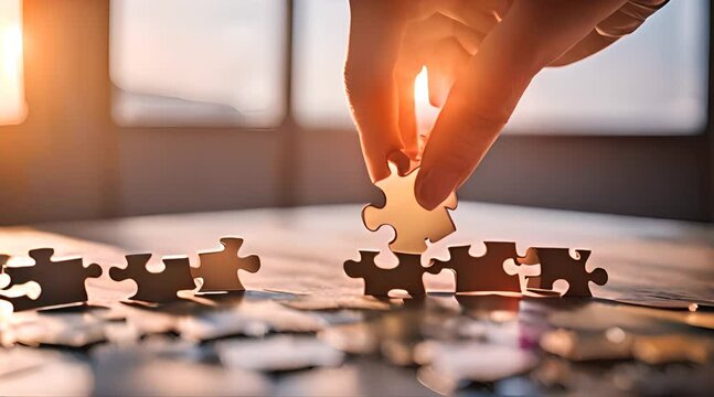 Hand put the piece of jigsaw puzzle to complete the mission, Business solutions, success and strategy concept