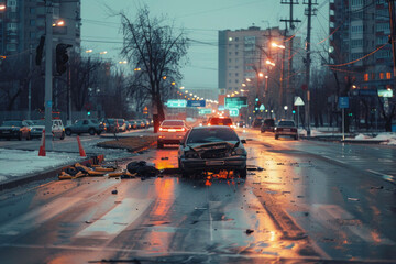 Car crash. Accident on the road in an evening city. AI generativ