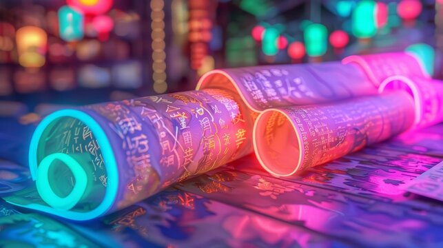 Colorful glow HUD icon of ancient manuscripts, rendered in paper cut styles, highlights historical significance, kawaii template sharpen with copy space