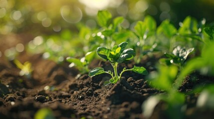 several young plants growing from the ground. The shining sunlight gives a feeling of warmth and hope, depicting new life and growth.