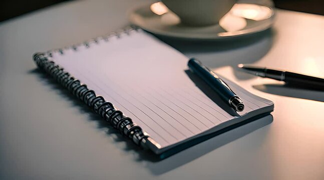 Blank notepad and pen on white wooden desk with cup of coffee.