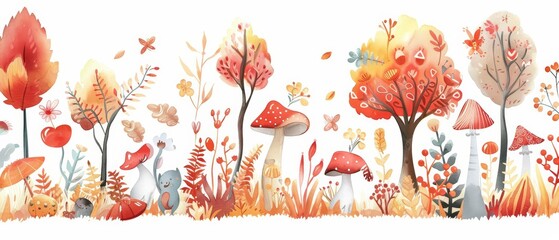 Cute watercolor of a whimsical forest filled with fairytale creatures and magical flora, in kawaii styles, clipart kawaii watercolor on white background