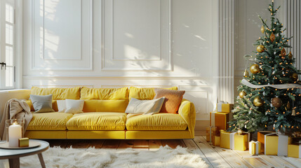 Interior of living room with yellow sofa and Christmas
