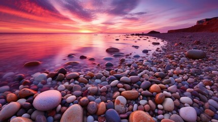beautiful sunset on the rocky beach. The pink and purple sky creates a calm and peaceful atmosphere.
