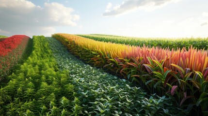 Fototapeta premium A field of flowers and crops with a bright, colorful sky in the background