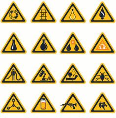 
Abstract vector set of yellow triangle warning signs with different icons on a white background, simple design,