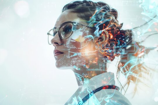 Experiment with double exposure techniques to depict a female doctor immersed in both the digital world and the medical field, showcasing a hybrid of technology and medicine