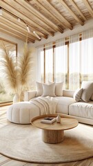 A modern living room with large windows, light colored wooden ceiling and floor, white sofa with beige cushions, round coffee table on the carpet, pampas grass in a vase near the window, bright daylig