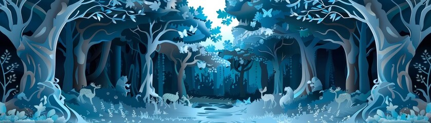 Fantasy landscape of an enchanted forest, where trees whisper secrets and mystical creatures lurk, portrayed in paper cut styles with a classic styles color palette
