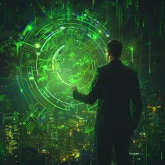Futuristic business illustration of an entrepreneur focusing on sustainable business models