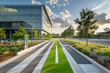 A modern corporate campus with a sleek office building and green lawn in front