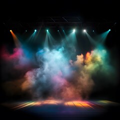 Stage light with colored spotlights and smoke. Concert hall. Generative AI.