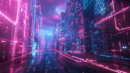 Obraz premium A neonlit blockchain diagram floating in a virtual reality space, with users interacting via holographic interfaces