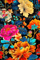 A black and colorful floral pattern on a fabric.