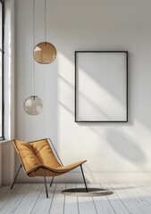 A blank poster frame on the wall of an empty room, with a modern minimalist interior design, light and airy with natural lighting