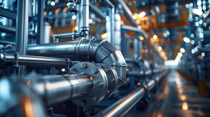 Fototapeta premium A network of intricate pipes at an industrial plant, with a focus on the transportation of liquids