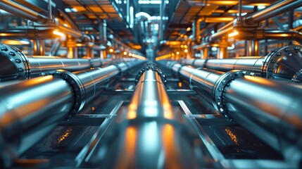 A network of intricate pipes at an industrial plant, with a focus on the transportation of liquids
