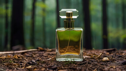 Refined natural aroma against a forest background, glass bottle of perfume without logo in green-brown tones