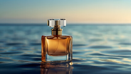 Summer light perfume, glass bottle of perfume against the background of the ocean and sunset, contrast image