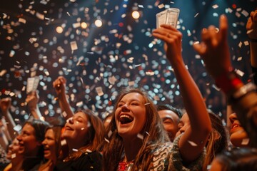 Energetic crowd celebrating with confetti at a concert