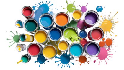 farbeimer farben spritzen bunte paint colourful bucket renewal colours creativity splash can trickle smudge ink rainbow red blue yellow green background cmyk liquid pot isolated white art concept