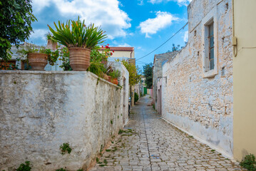 Street view of Archanes village in Helakleion, Crete, Greece. Old traditional colorful houses and buildings