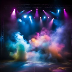 Stage light with colored spotlights and smoke. Concert hall. Generative AI.