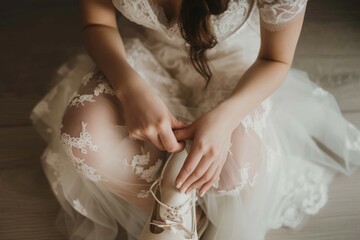 Bride putting on her shoes in her wedding dress