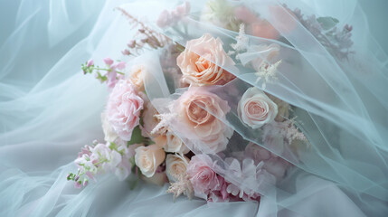 Ethereal Bridal Bouquet of Pastel Roses Wrapped in Tulle
