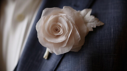 Ivory Rose Boutonniere Pinned to a Navy Suit
