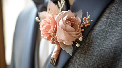 Soft Pink Rose Boutonniere Styled on a Groom's Suit