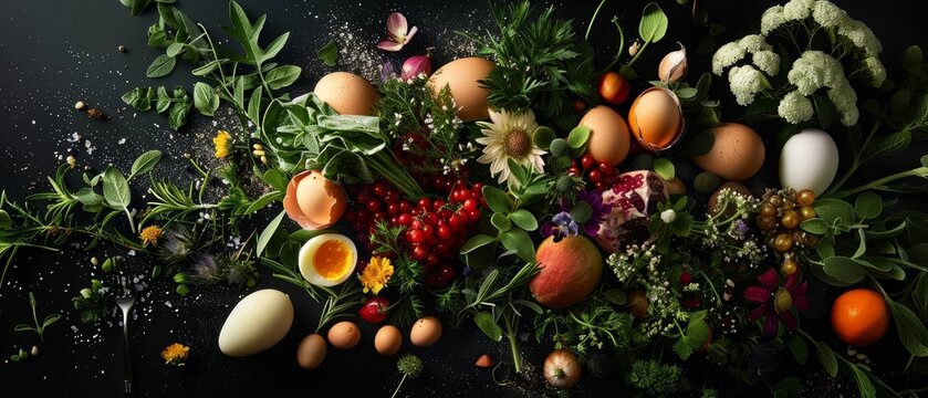 Locally sourced ingredients from a farmtotable brunch burst into an amazing food explosion on a black background