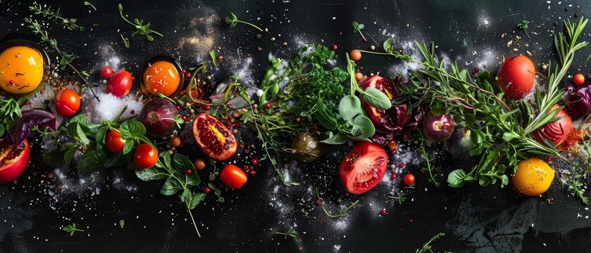 Locally sourced ingredients from a farmtotable brunch burst into an amazing food explosion on a black background