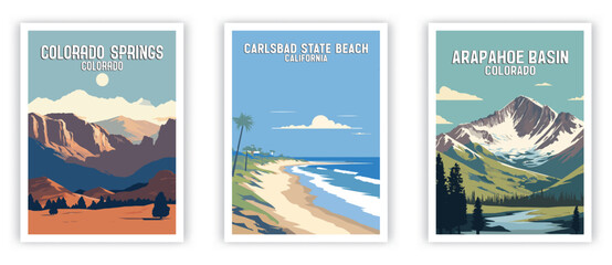 Colorado Spring, Carlsbad State Beach, Arapahoe Basin Illustration Art. Travel Poster Wall Art. Minimalist Vector art