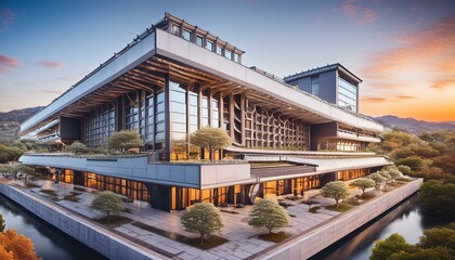 Obraz premium presenting an isometric view of a cutting-edge building, featuring futuristic elements and innovative architectural design background