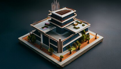 Obraz premium presenting an isometric view of a cutting-edge building, featuring futuristic elements and innovative architectural design background