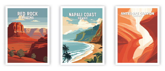 Red Rock, Napali Coast, Antelope Canyon Illustration Art. Travel Poster Wall Art. Minimalist Vector art