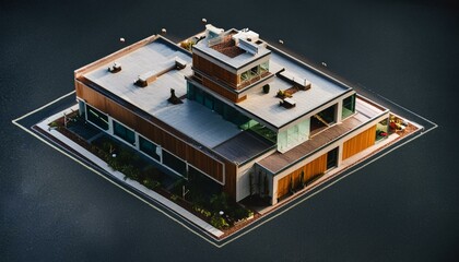 presenting an isometric view of a cutting-edge building, featuring futuristic elements and innovative architectural design background