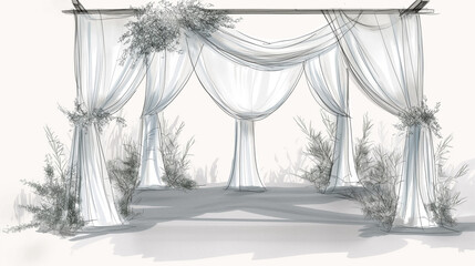 Graphical sketch of a wedding arch decorated with drapes and natural flowers