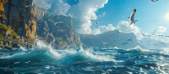 Dramatic Coastal Odyssey Crashing Waves Soaring Seagulls and Shimmering Sunlight