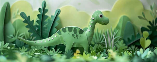 Craft a kirigami template of a Diplodocus grazing in a lush meadow