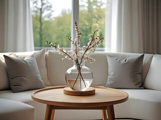 Round glass vase with blossom twigs on round wooden coffee table near white sofa with pillows against window. Minimalist scandinavian home interior design of modern living room.Selective focus concept