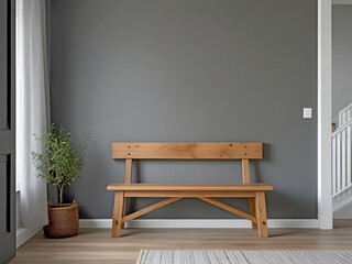 Wooden against a grey wall and white staircase. Scandinavian, rustic farmhouse interior design. Indoor plant pots in brown color floor and floor rug. white curtains.