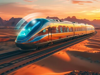 Naklejka premium Photo of a highspeed train equipped with hologram technology, racing through a desert landscape at sunset, for an advertising banner