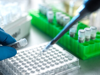 Genomics, Pipetting DNA sample for anaylsis in lab.